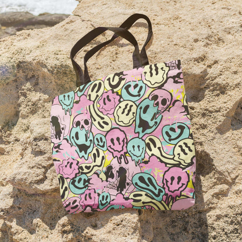 Melted Neon Smiley Print Tote Bag in Pastel